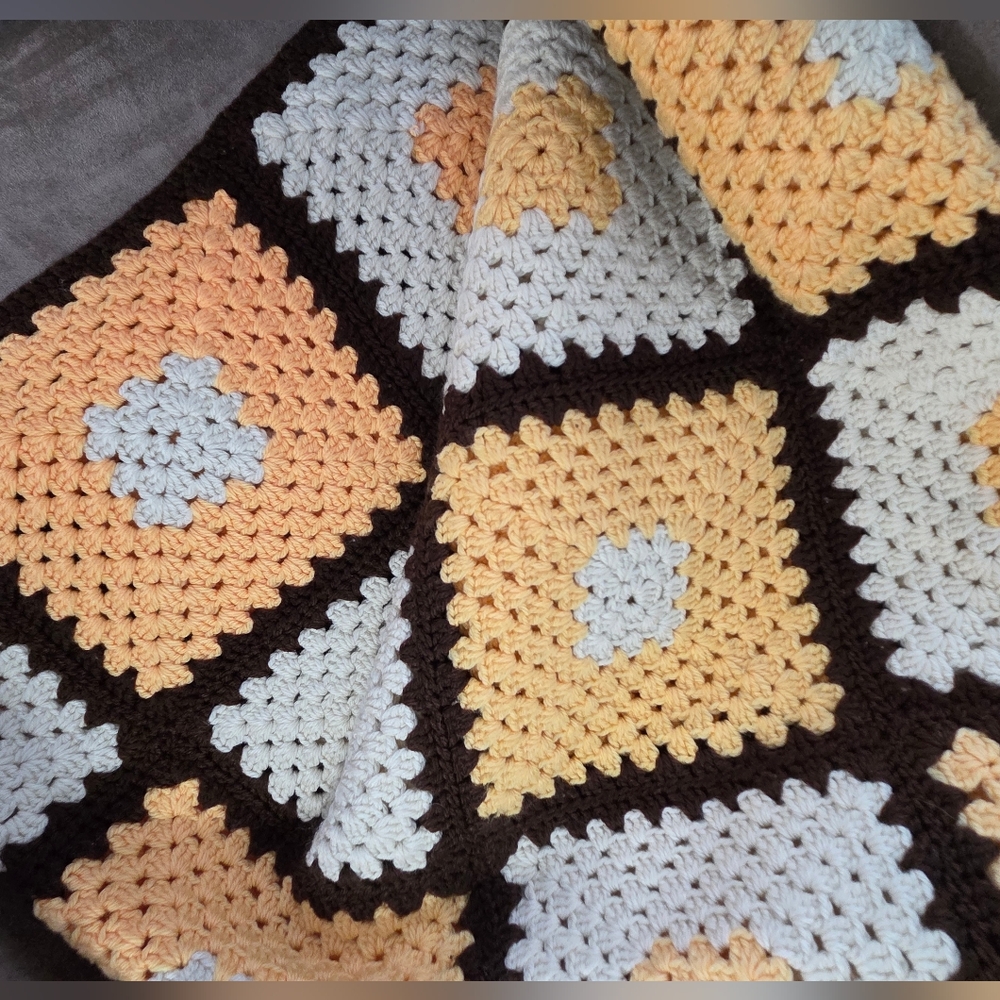 Handmade Crochet Granny Square Blanket 54x40 | Chocolate Peach Cream - Picture 4 of 7